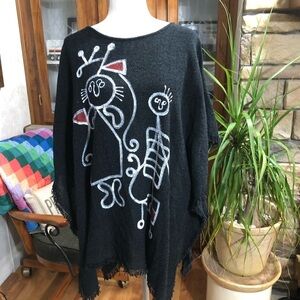 DILEMMA NEW YORK BLACK FRINGED COTTON RSYON BLEND BURLAP TOP FRINGED EDGES EUC